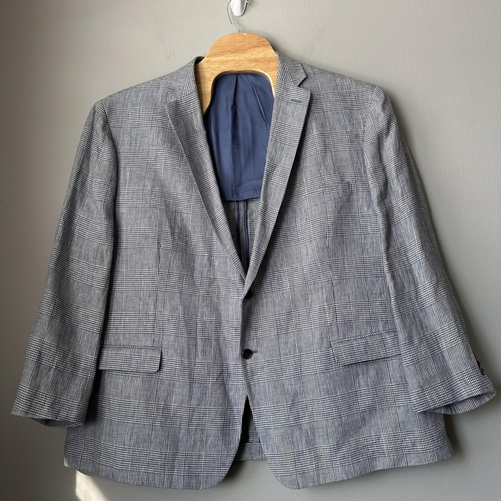 Ralph‎ Lauren Sport Coat Men 56R Blue Linen Glen Plaid Check 2 Button Blazer